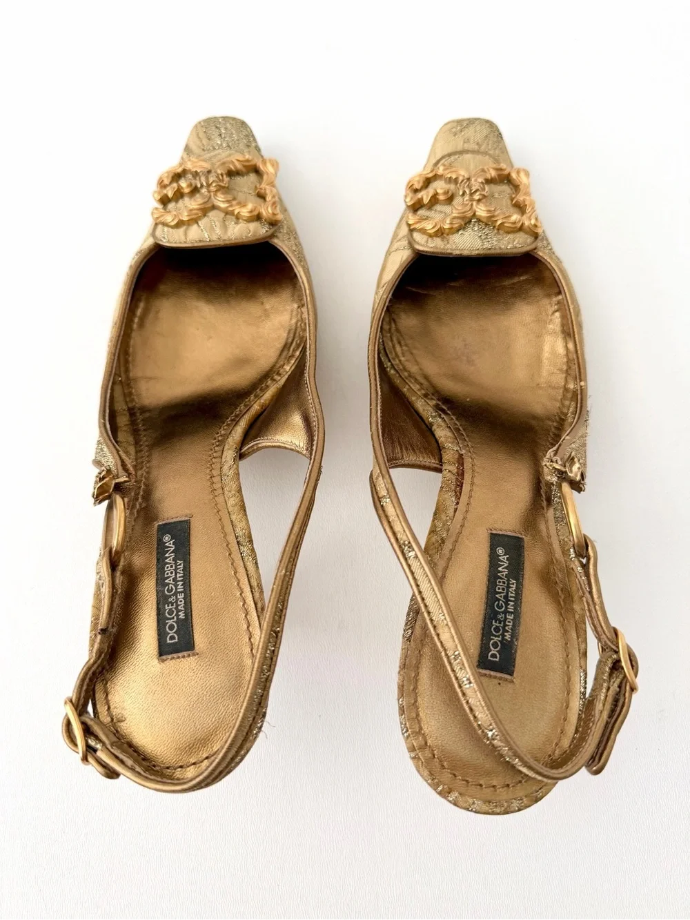 DOLCE & GABBANA | Vintage Gold Brocade Slingback Kitten Heel Pumps EU 37.5